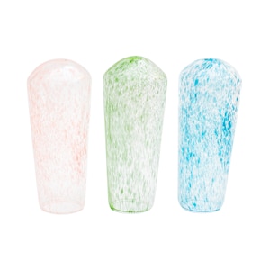 May include: Three tall, speckled glass vases in pastel colors. The vases are cylindrical with rounded tops. One is pink, one is green, and one is blue. The speckled pattern is white. The vases are suitable for home decor.