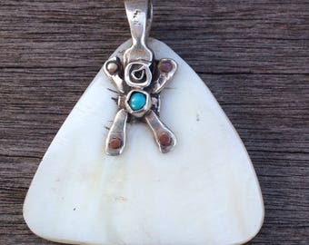 Fun Mother of Pearl Pendant with Silver Human Figure & Turquoise Detail. Handmade by Award Winning Silversmith Serzhan Bashirov (Kazakhstan)