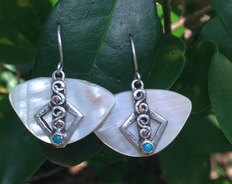 Mother of Pearl Silver Earrings with Ethnic Elements & Turquoise detail. Handmade by Award Winning Silversmith Serzhan Bashirov (Kazakhstan)