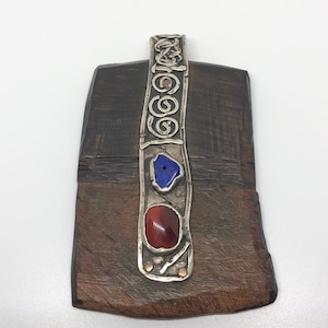 Very Large Wooden Pendant with Silver Plate Accent, Turquoise, Lapis Lazuli. Handmade by Serzhan Bashirov