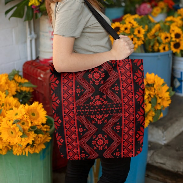 Palestinian Thobe Tatreez Inspired Tote Bag | Printed Tatreez Design | Cross Stitch Embroidered Replica | Palestine Cultural Statement Purse
