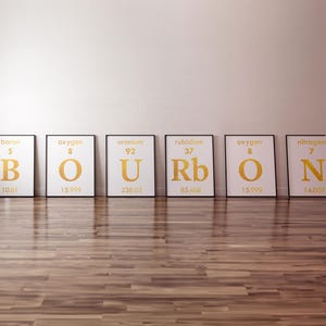 Zestaw 6 wydruków na folii Bourbon Art Periodic Table - Bar Art - Prezent chemiczny - Prezent dla barmana - Dekoracja jaskini człowieka - Znak baru