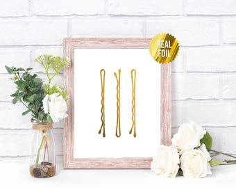 Bobby Pin Glam Decor Gold Foil Print - Hair Salon Decor - Hair Stylist Gift - Glam Wall Art - Beauty Salon Decor - Girls Room Decor
