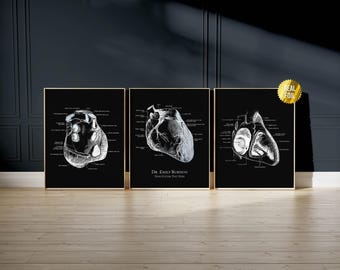 Customized Anatomical Heart Foil Print Set of 3 - Human Heart Anatomy Art - Nursing Student - Cardiology - Cardiologist Gift
