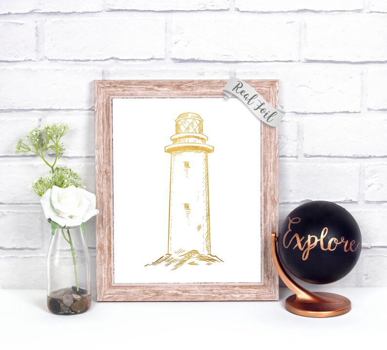 Nautical Lighthouse Decor Foil Print Beach House Decor Lighthouse Bathroom Decor Nautical Wall Decor Beach Wall Art Gold Wall Art