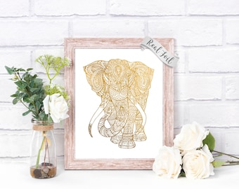 Mandala Elephant Art Gold Foil Print - Mandala Animal - Elephant Decor - Zen Wall Art - Elephant Poster - Yoga Poster - Hinduism -
