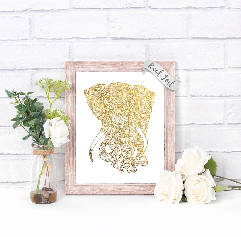Mandala Elephant Art Gold Foil Print - Mandala Animal - Elephant Decor - Zen Wall Art - Elephant Poster - Yoga Poster - Hinduism - image 1