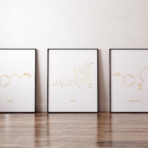 Peace Love Happiness Molecule Art Foil Print Set of 3 - Dopamine Molecule - Oxytocin Molecule - Serotonin Molecule - Love Molecule