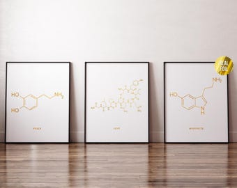 Set di 3 stampe artistiche di molecole di pace, amore, felicità - Molecola di dopamina - Molecola di ossitocina - Molecola di serotonina - Molecola di amore