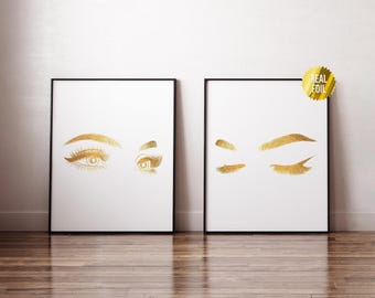 Stampa su lamina "Taglia ciglia" - Set di 2 - Decorazione per salone di bellezza - Decorazione murale per trucco - Decorazione murale glamour - Insegna per salone - Stampa sopracciglia