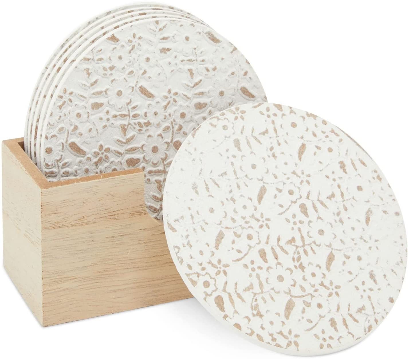 Farmhouse Ceramic Coasters Set of 4 In Gift Box White Wash Wood