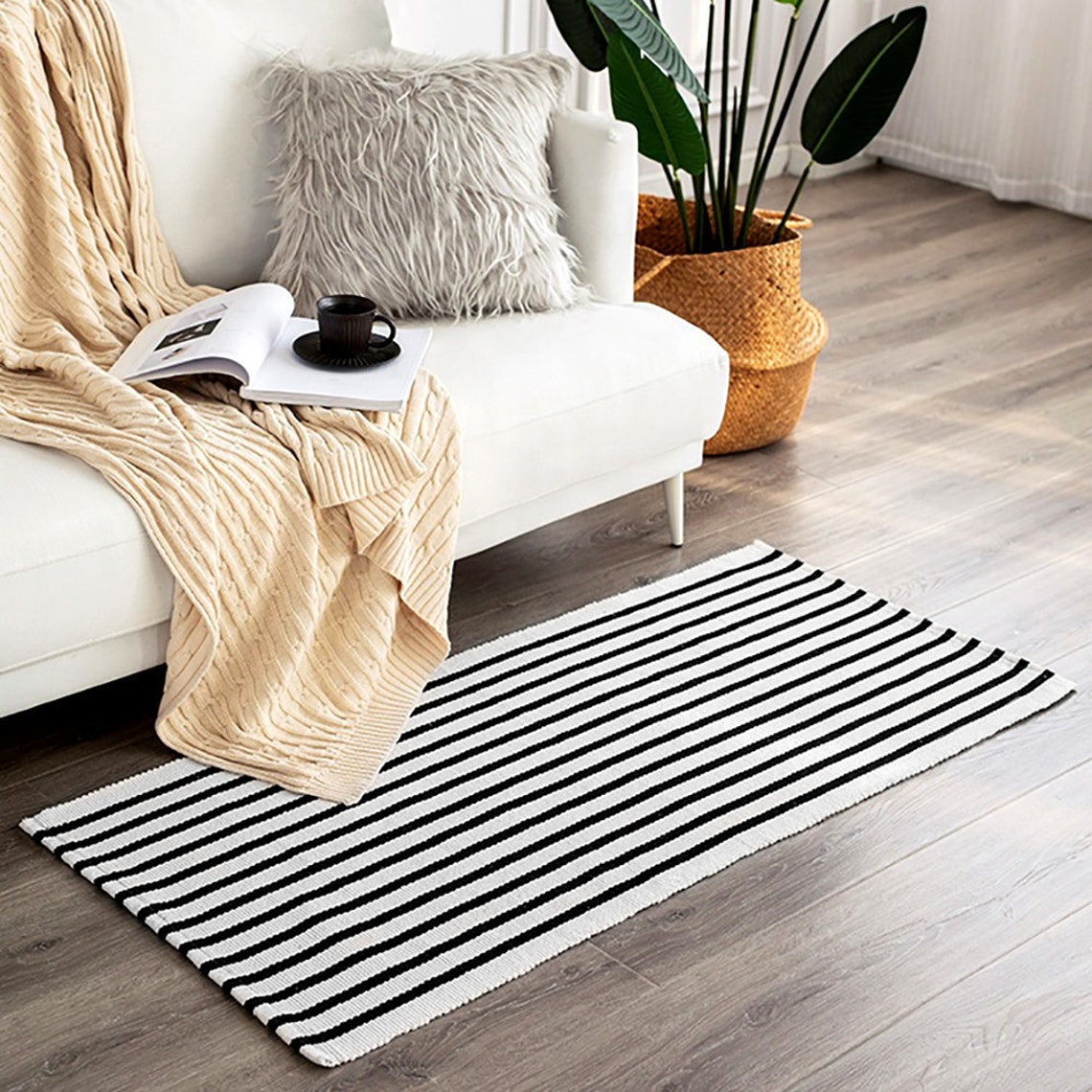 Bath Rug Boho Rug Black and off White Striped Rug Farmhouse Etsy