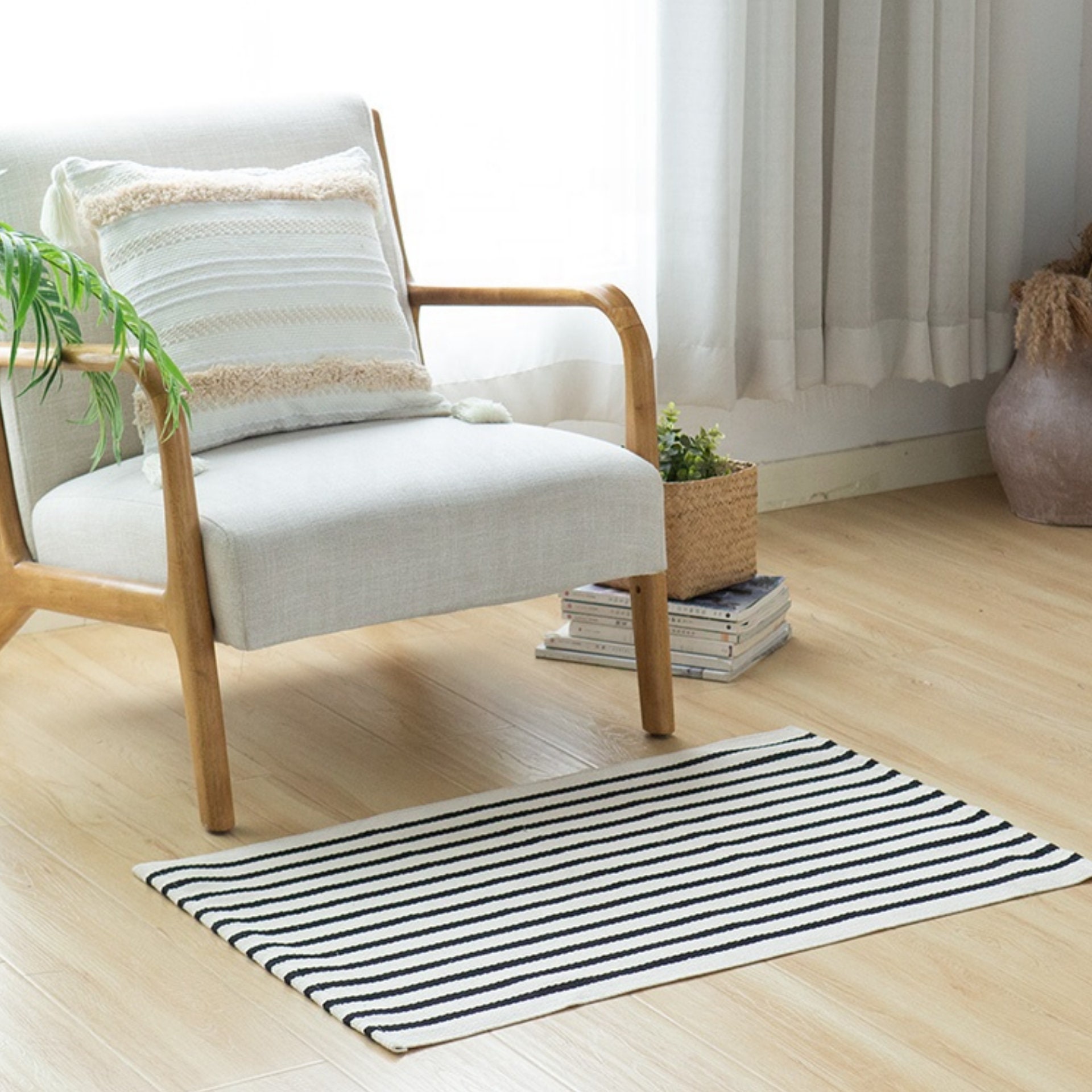 Bath Rug Boho Rug Black and off White Striped Rug Farmhouse Etsy