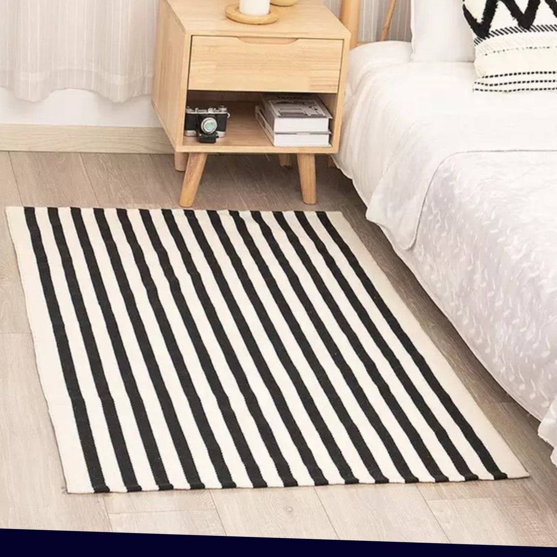 Bath Rug Boho Rug Black and off White Striped Rug Farmhouse Etsy