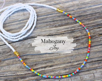 Waist Beads Clasp or Tie On | White & Rainbow | Handmade Boho Body Jewelry | Weight Loss Tracker Beads | Plus Size | Gift Ideas for Her