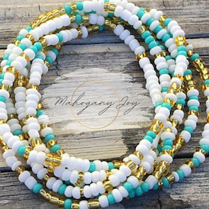 Waist Beads with Clasp or Tie On | Turquoise Confetti | Handmade Boho Body Jewelry | Weight Loss Tracker | Plus Size | Gift Ideas for Her