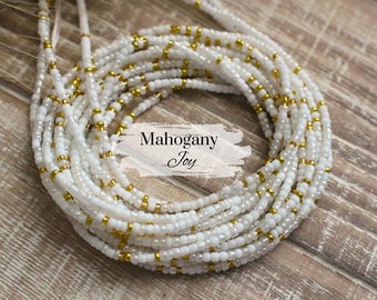 Waist Beads with Clasp or Tie On | White & Gold Mix | Handmade Boho Body Jewelry | Weight Loss Tracker | Plus Size | Gift Ideas