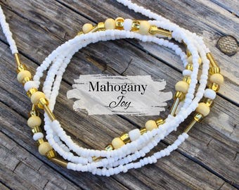 White LUX Waist Beads with Clasp Tie On Women Abundance Boho Belly Jewelry Weight Loss Tracker Charm Plus Size Body Positivity Gift