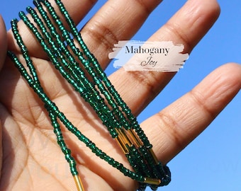 Waist Beads with Clasp or Tie On | Emerald | Women&#39;s Handmade Boho Body Jewelry | Weight Loss Tracker Beads | Plus Size | Gift Ideas fer Her