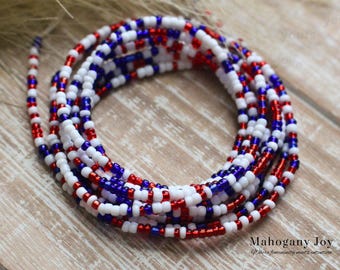 NEW | Red, White & Blue Waist Beads with Clasp Tie On | Summer Handmade Body Jewelry | Weight Loss Tracker | Plus Size Available