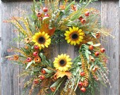 Fall Wreaths for Front Door, Sunflower Wreath, Grapevine Wreath, Autumn Wreath
