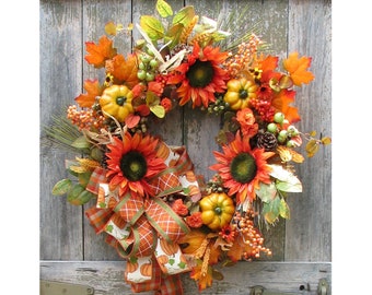 Fall Wreaths for Front Door, Sunflower & Pumpkin Wreath, Autumn Wreath Grapevine, Thanksgiving Wreath, Door Decor Orange