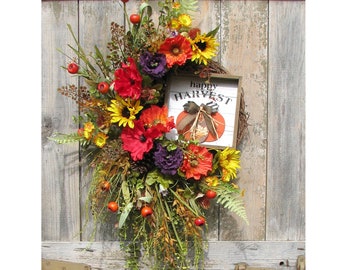 Fall Wreaths for Front Door, Cascade Fall Wreath, Thanksgiving Wreath, Sunflower Wreath, Autumn Decor