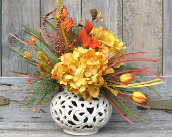 Fall Centerpiece in Stoneware Vase, Fall Artificial Floral Arrangement, Autumn Hydrangea Table Decor, Thanksgiving Table Decor