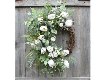 Spring Wreath, Wreaths for Front Door Year Round, Wedding Decor, Kitchen Decor, Gifts for Mom, White