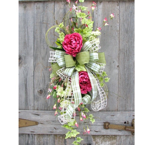 Spring Wreath, Spring Door Swag, Summer Wreath, Faux Greenery Wreath and Red Geraniums, Door Hanger