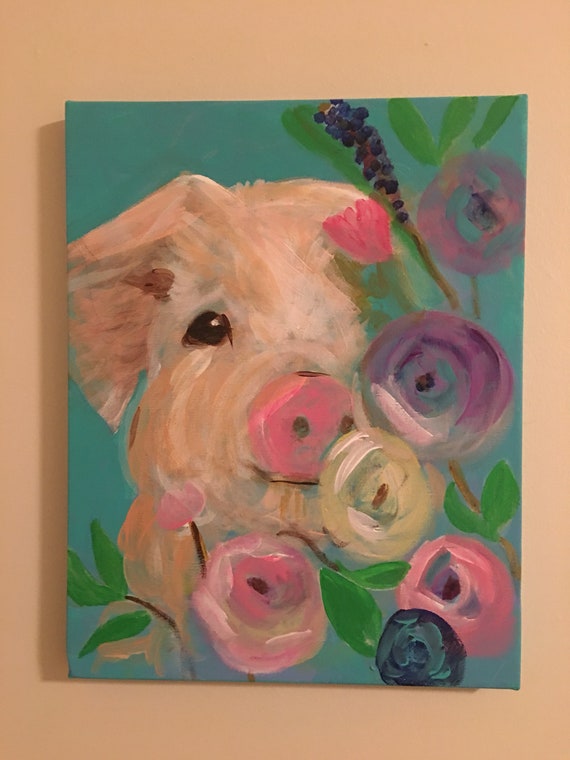 Pig Canvas Wall Art Pig And Flowers Little Piggy Pig Etsy