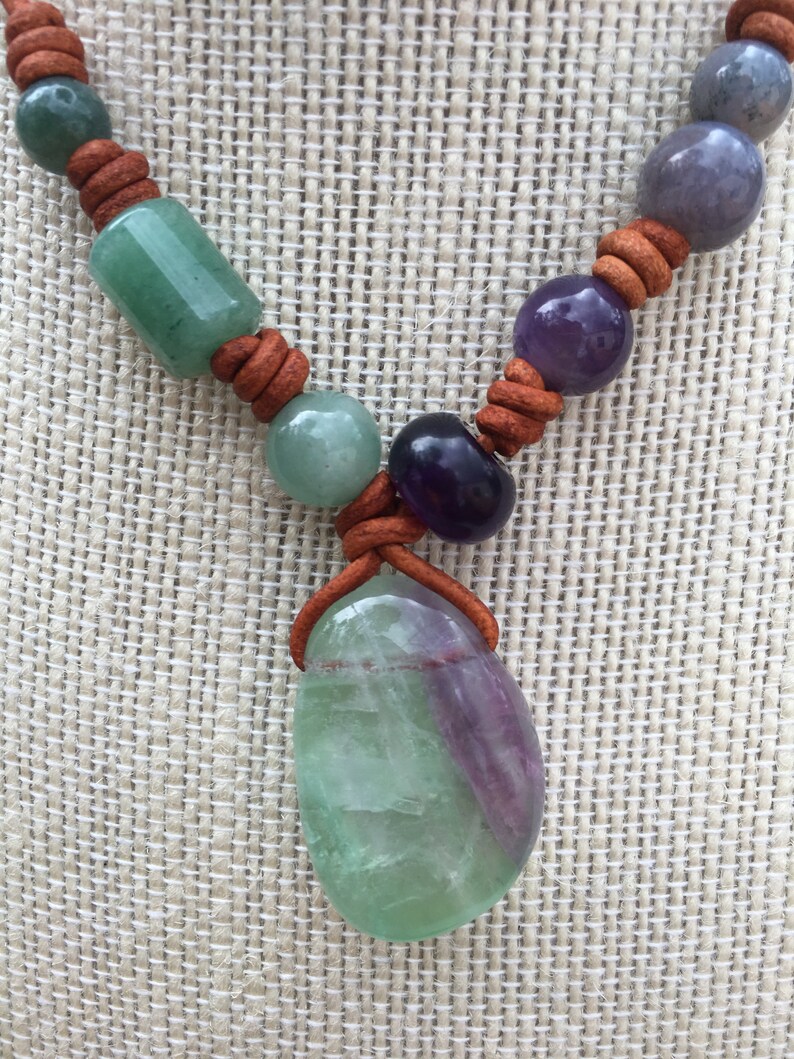 flourite chakra jewelry boho chic necklace labradorite gemstone jewelry fancy jasper amethyst brown leather aventurine ocean