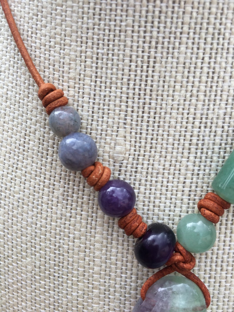 flourite chakra jewelry boho chic necklace labradorite gemstone jewelry fancy jasper amethyst brown leather aventurine ocean