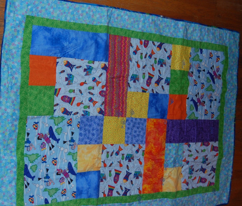 Swimming with the Fish Kids Quilt Handmade Hand Quilted