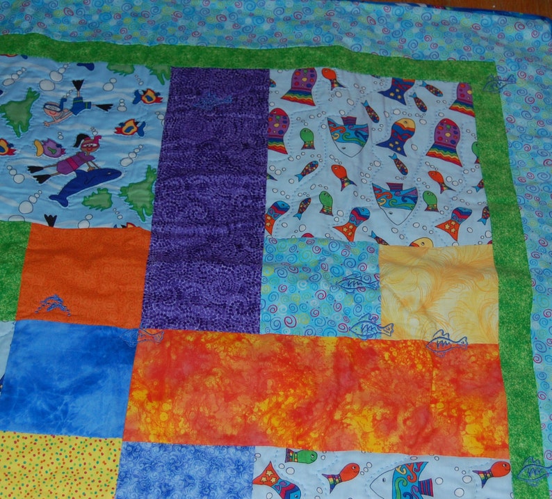 Swimming with the Fish Kids Quilt Handmade Hand Quilted