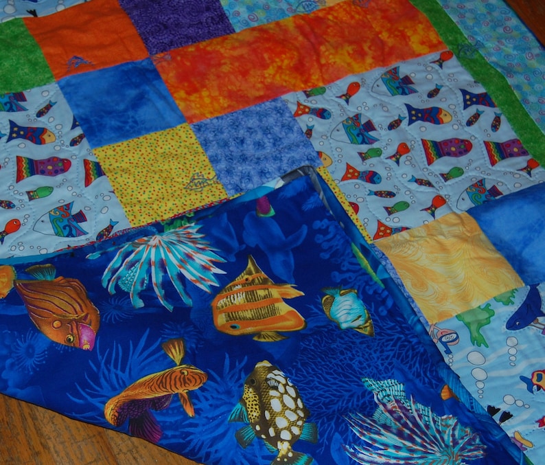 Swimming with the Fish Kids Quilt Handmade Hand Quilted