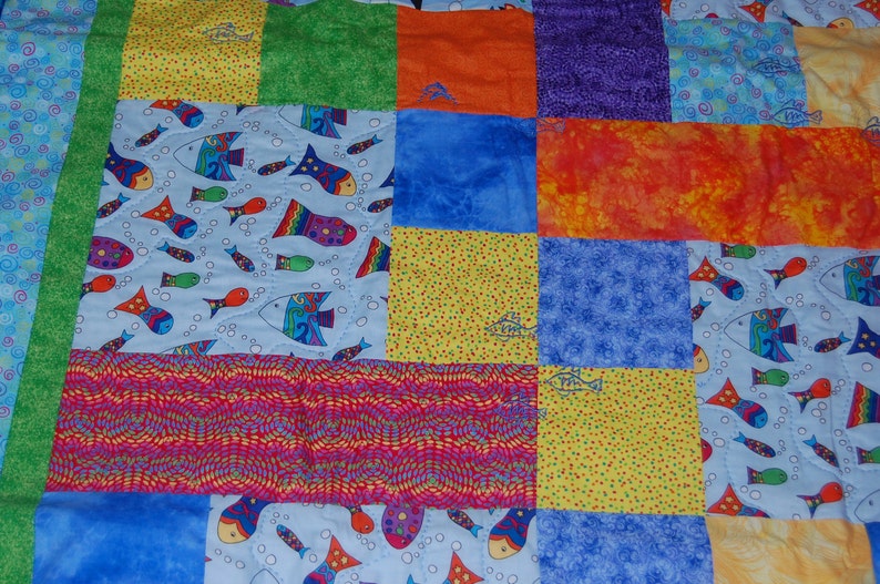 Swimming with the Fish Kids Quilt Handmade Hand Quilted