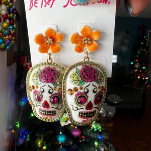 skull earrings hand painted B. Johnson skull earrings.  day of the dead earrings, dia de los metros earrings.  skull earrings