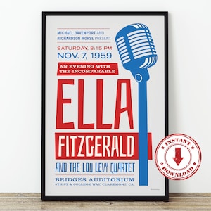 Digital Print—ELLA FITZGERALD 1959 Jazz Gig Poster 11&quot; x 17&quot;—Download, Print & Frame Yourself, Wall Art, Home Decor, Music Memorabilia