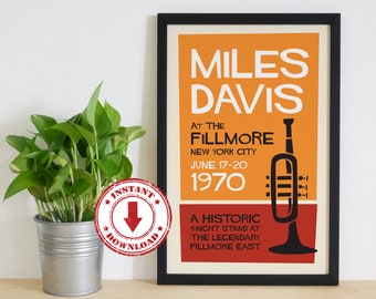 Digital Print—MILES DAVIS 1970 Fillmore Jazz Gig Poster 11" x 17" and 24" x 36"—Download, Print & Frame Yourself, Wall Art, Home Decor