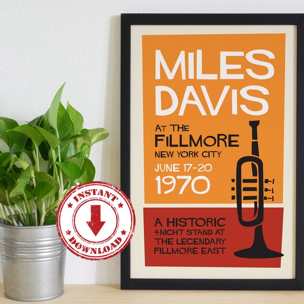 Digital Print—MILES DAVIS 1970 Fillmore Jazz Gig Poster 11" x 17" and 24" x 36"—Download, Print & Frame Yourself, Wall Art, Home Decor