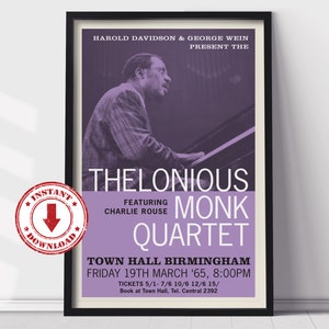 Digital Print—THELONIOUS MONK 1965 Jazz Gig Poster 11&quot; x 17&quot;—Download, Print & Frame Yourself, Wall Art, Home Decor, Man Cave
