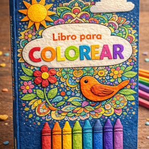 May include: A blue colouring book titled "Libro para COLOREAR" with a colourful design featuring a sun, bird, flowers, and crayons. The cover has a textured appearance, and the crayons are arranged in a rainbow pattern.