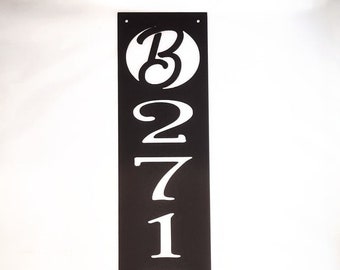 Metal Vertical Address Number Sign with Curly Letter Monogram Custom Color Plasma Cut Sign Art