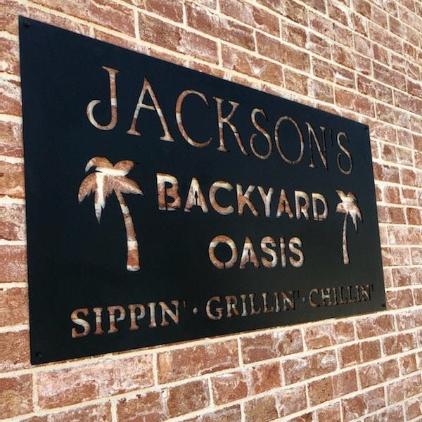 Metal Backyard Oasis Sign Sipping Grillin Chillin Palm Tree Custom Last Name Sign Plasma Cut Art