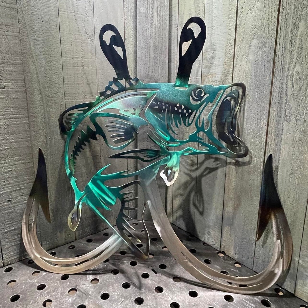 Metal Bass Fish With Hooks Plasma Cut Sign Art Fishing Art Gone Fishing