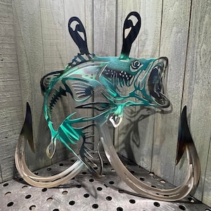 Metal Bass Fish with Hooks Plasma Cut Sign Art Fishing Art Gone Fishing