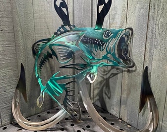 Metal Bass Fish with Hooks Plasma Cut Sign Art Fishing Art Gone Fishing