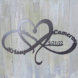 Metal Heart and Infinity Sign Couple Name and Last Name with Wedding Date Anniversary Date Gift
