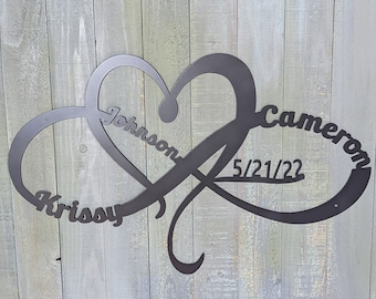 Metal Heart and Infinity Sign Couple Name and Last Name with Wedding Date Anniversary Date Gift
